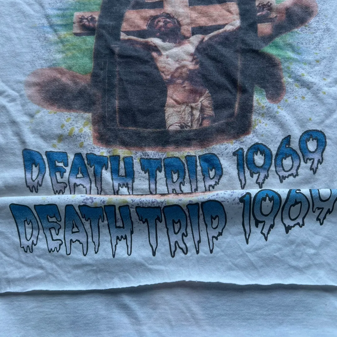 Printing and proofing SAINT MICHAEL SAINT WAR TEE/WHAT new style Jesus cross retro short-sleeved off-white S-XL ready-to-wear washed and distressed printing repeated proofing and modification tube weaving seamless fabric with little angel anti-counterfeiting label